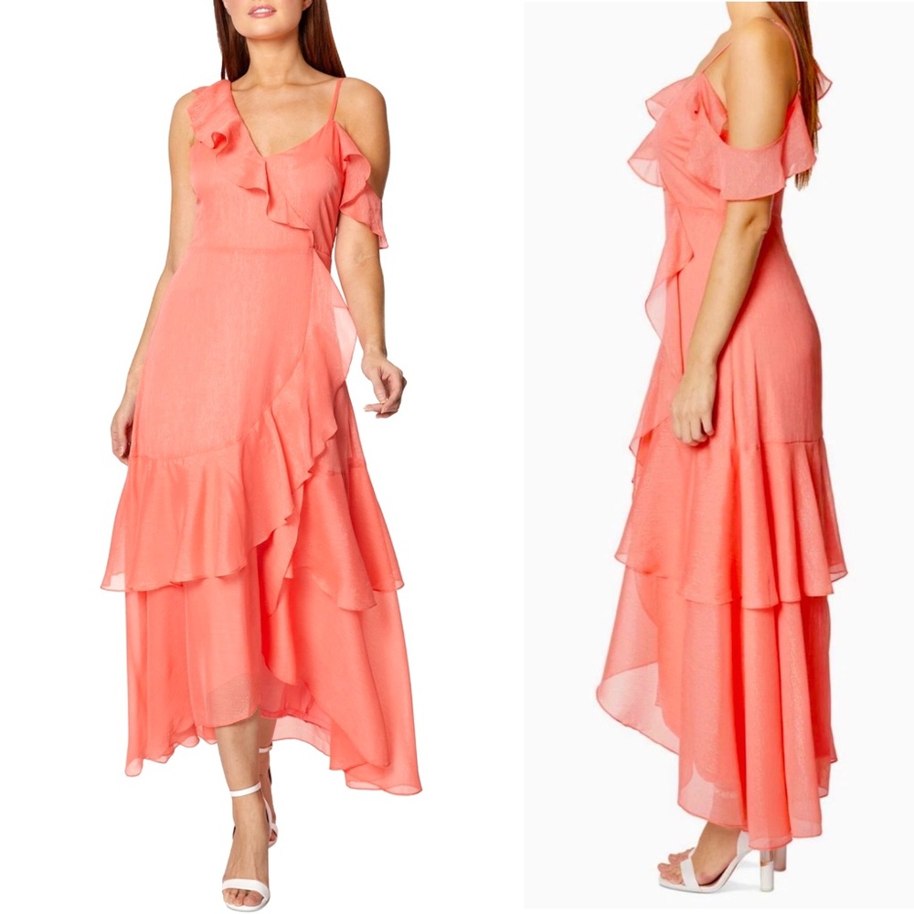 BCBGeneration Chiffon Ruffle Asymmetrical Maxi Dress One Flutter Sleeve Lined